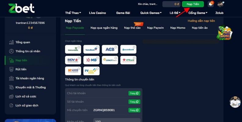 ZBET 10 Cách nạp tiền ZBET như thế nào?