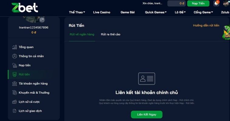 Cách rút tiền ZBET về ngân hàng
