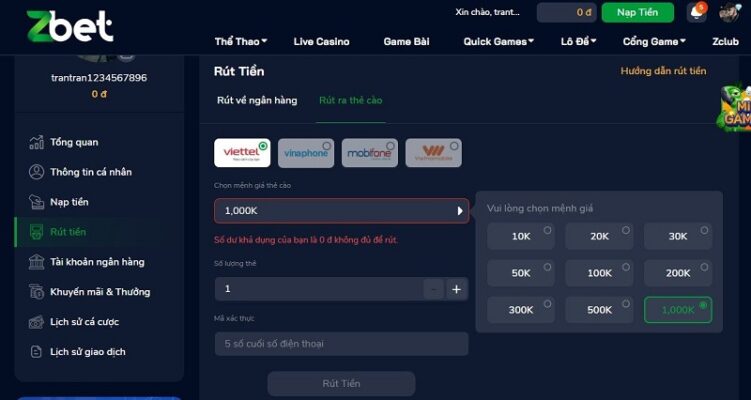Cách rút tiền game ZBET ra thẻ cào