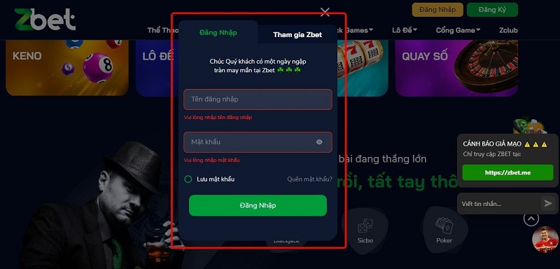 Đăng nhập ZBET trên máy tính